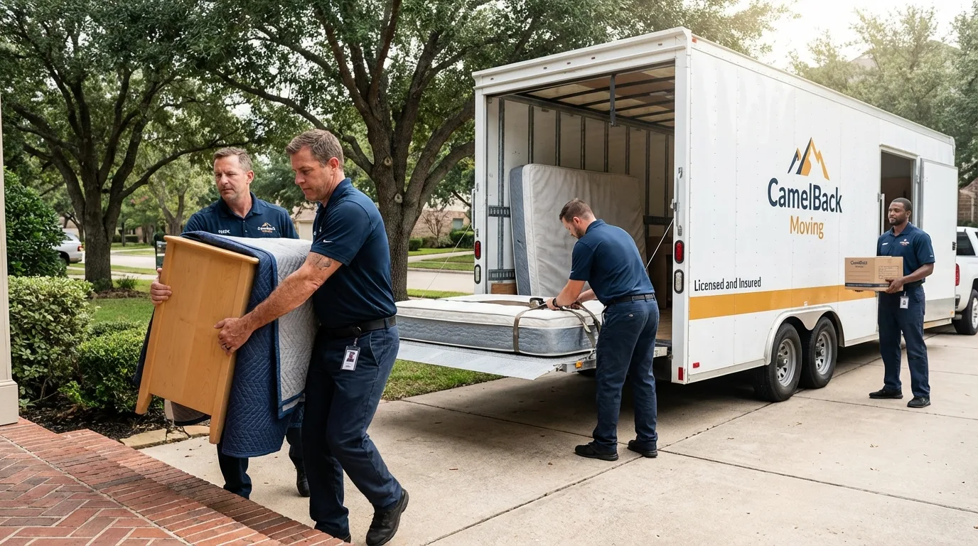 Crew loading residential truck for cross-state move from Penobscot, ME