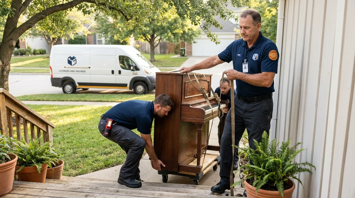 Licensed piano movers securing grand piano in Penobscot, ME
