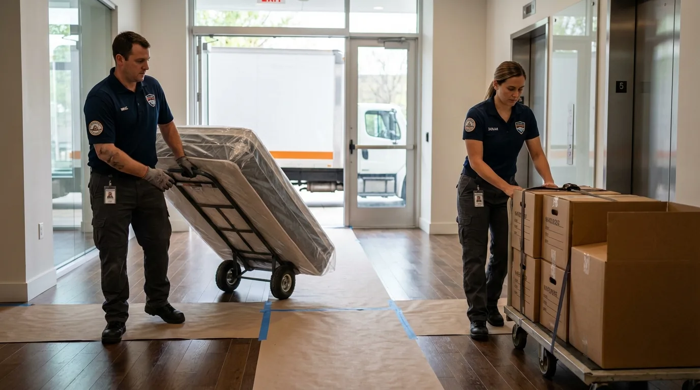 Professional apartment movers loading elevator in Penobscot, ME