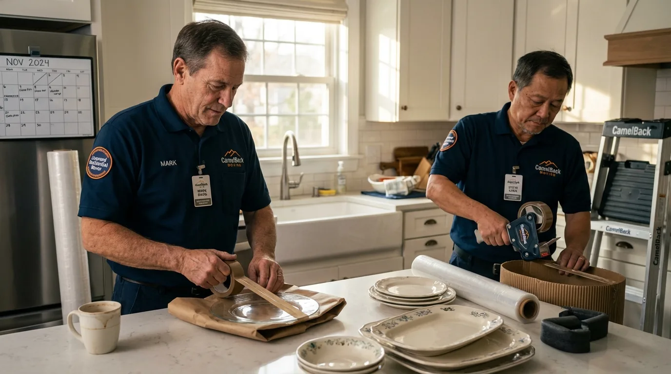 Professional crew packing kitchen dishware in Penobscot, ME